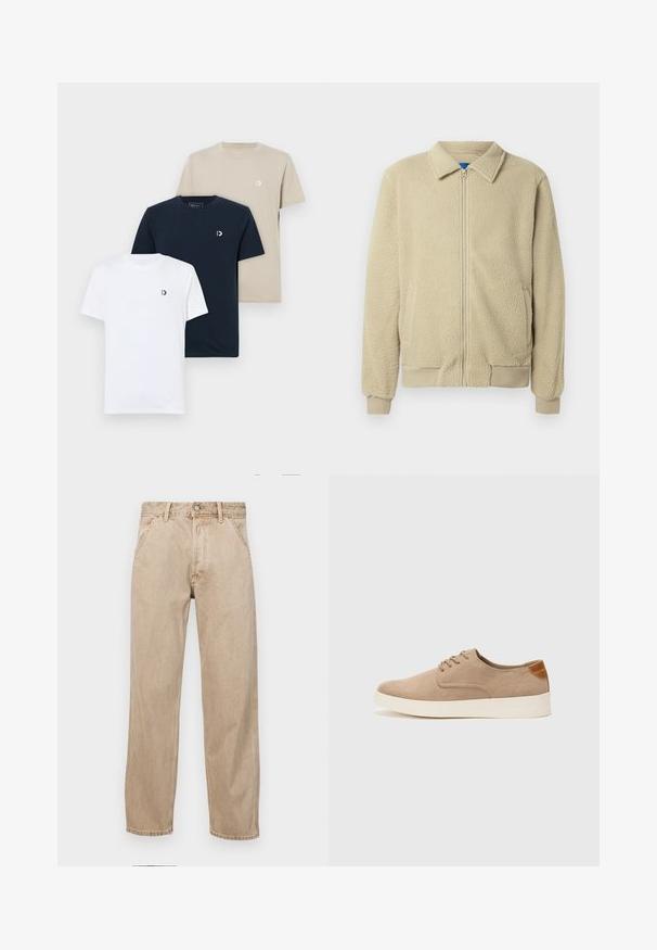 Beige fleecejakku, jossa on vetoketju edessä, pystykaulus, kaksi sivutaskua, resorit hihansuissa ja helmassa. Materiaali näyttää pehmeältä ja mukavalta.; Kolme t-paitaa: valkoinen, laivaston sininen ja beige. Jokaisessa on pyöreä kaula-aukko, lyhyet hihat ja pieni logo vasemmassa ylärinnassa. Valmistettu puuvillasta.; Beige farkkuhousut suoranlahkeisella muotoilulla, joissa on etutaskut, metallinen nappisulku ja hillitty rakenne.; Beige nubuck-lenkkarit, joissa on pyöreä kärki, nauhakiinnitys ja teksturoitu takaosa. Valkoinen kumipohja tuo kontrastia. Yksinkertainen ja moderni muotoilu.