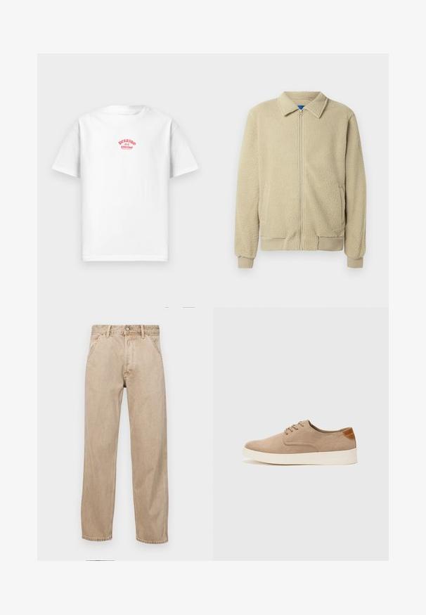 Bež flis jakna z zadrgo spredaj, stoječim ovratnikom, dvema stranskima žepoma, rebrastimi manšetami in robom. Tekstura je videti mehka in udobna.; Bela bomba majica iz bombaža z rdečim tiskanim dizajnom, ki na prsih govori "Perdido en el paraíso", kratki rokavi, sproščen kroj.; Beige jeans iz džinsa s ravnim nogavicama, ki imajo sprednje žepe, kovinsko zapiranje in subtilno teksturo.; Bež tkanine usnjene superge z zaobljenim nosom, vezalkami na sprednji strani in teksturiranim zadnjim detajlom. Belo gumijasto podplato zagotavlja kontrast. Enostaven in sodoben dizajn.