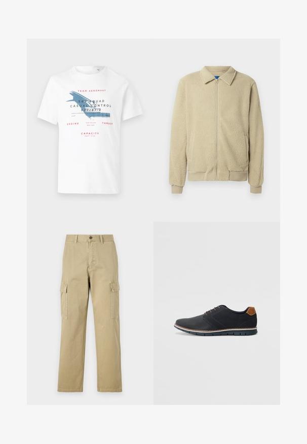 Bež flis jakna z zadrgo spredaj, stoječim ovratnikom, dvema stranskima žepoma, rebrastimi manšetami in robom. Tekstura je videti mehka in udobna.; Bela bomba iz bombaža s tiskom modrega letala in rdečim napisom. Oblikovanje vključuje podrobnosti, povezane z letalstvom, in različne velikosti potiska.; Bež hlače s cargo krojem iz bombaža, z dvema stranskima žeparm, gumbom za zapiranje in ravnimi nogavicami iz rahlo teksturirane tkanine.; Črne sintetične čevlje z teksturirano zgornjščino, gladkimi akcenti, rjavim petnim delom in kontrastnim podplatom. Imajo minimalno vezanje in detajle šivanja.