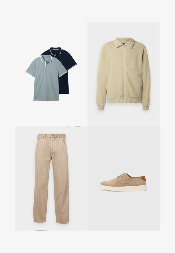Béžová flísová bunda so zipsom vpredu, stojačikom, dvoma bočnými vreckami, rebrovanými manžetami a lemom. Textúra je mäkká a príjemná na dotyk.; Dve polo tričká: jedno svetlosivé, druhé námornícke modré. Obe majú kontrastný biely lem na golieri a rukávoch s jemnou textúrou.; Bežové denimové rifle so strihom rovného nohu, s prednými vreckami, kovovým zapínaním na gombík a jemnou textúrou.; Béžové semišové tenisky s okrúhlou špičkou, šnurovaním vpredu a textúrovaným zadným akcentom. Biela gumová podrážka poskytuje kontrast. Jednoduchý a moderný dizajn.