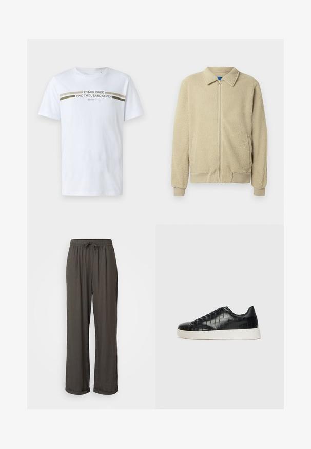 Beige fleecejakke med glidelås foran, ståkrage, to sidelommer, ribbekanter på ermer og nederst. Teksturen virker myk og koselig.; Hvit bomull t-skjorte med korte ermer, som har trykt olivengrønn grafisk tekst "ETABLERT TOUSEN SYV" over brystet.; Mørkegrå vide bukser med snor i taljen, lavet af et blødt, struktureret stof, der har opsmøgede manchetter ved anklerne.; Svarte joggesko med en teksturert krokodille-embossed læroverdel, rund tå og en kontrasterende hvit gummisåle med en glatt overflate.
