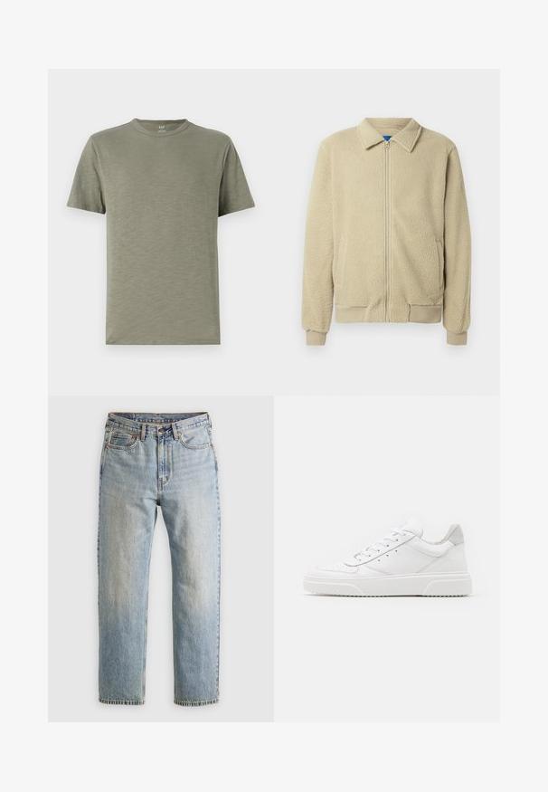 Beige fleecejakku, jossa on vetoketju edessä, pystykaulus, kaksi sivutaskua, resorit hihansuissa ja helmassa. Materiaali näyttää pehmeältä ja mukavalta.; Oliivivihreä puuvillapaita pyöreällä pääntiellä, lyhyillä hihoilla ja pehmeällä, sileällä pinnalla. Yksinkertainen muotoilu ilman kuvioita tai koristeita.; Vaaleansininen farkut, joissa on korkea vyötärö, etunappi, vetoketju ja viisi taskua, asetettu tasaisesti neutraalille taustalle.; Valkoiset nahkakengät, joissa on sileä pinta, pyöreä kärki, litteät nauhat ja teksturoitu pohja. Harmaa mokkanahka korostaa kantapäätä.