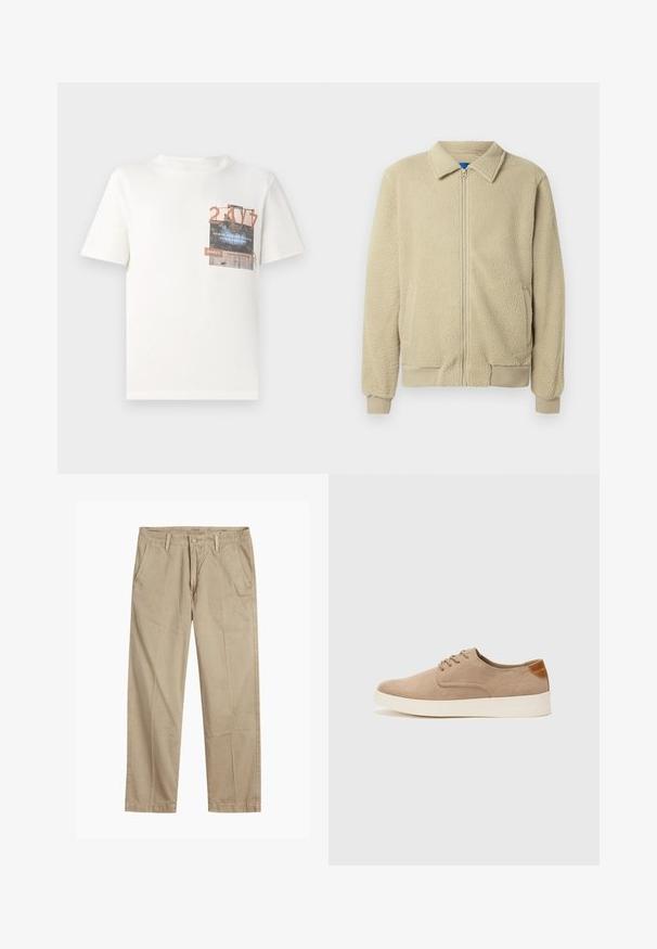 Beige fleecejakku, jossa on vetoketju edessä, pystykaulus, kaksi sivutaskua, resorit hihansuissa ja helmassa. Materiaali näyttää pehmeältä ja mukavalta.; TOM TAILOR DENIM Printtipaita - gardenia white; Beige suorat lahkeet chinosit vyölenkkeillä, etupainike- ja vetskarikiinnitys sekä viistot etutaskut.; Beige nubuck-lenkkarit, joissa on pyöreä kärki, nauhakiinnitys ja teksturoitu takaosa. Valkoinen kumipohja tuo kontrastia. Yksinkertainen ja moderni muotoilu.