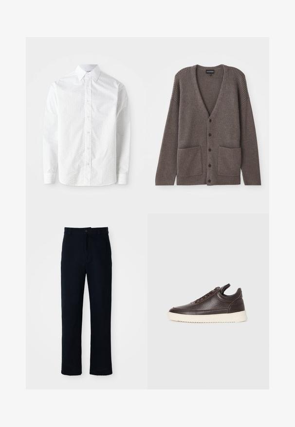 Mörkgrå ribbad cardigan med V-ringning, långa ärmar och två framfickor. Knäppt med fem mörka knappar. Mjuk textur.; Vit långärmad skjorta i mjuk bomull med ett subtilt prickmönster, klassisk krage, knäppning fram och rundade manschetter.; Mörkblå bomullsbyxor med rak bendesign, frontknappstängning och klassisk midja med bälteshällor.; Mörkbrun texturerad lädersneaker med snörning framtill och vit räfflad gummisula mot en enkel ljus bakgrund.