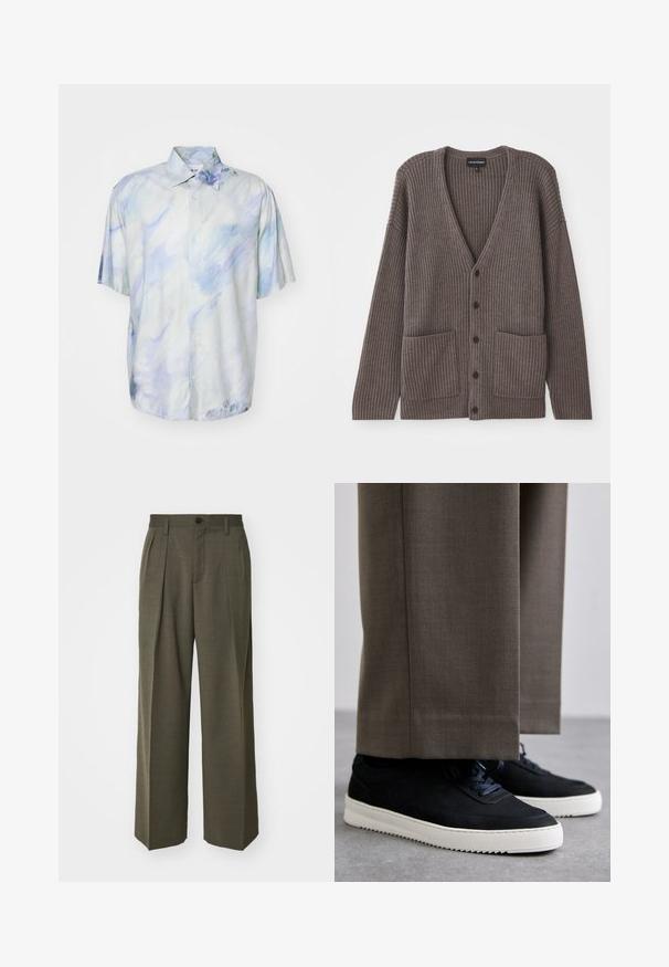 Tmavě šedý žebrovaný kardigan s V výstřihem, dlouhými rukávy a dvěma předními kapsami. Zapíná se na pět tmavých knoflíků. Měkká textura.; Košile na knoflíky s krátkým rukávem v světle modré a bílé barvě s abstraktním akvarelovým vzorem; vyrobena z jemné látky; volný střih a detaily límce.; Filippa K WIDE TROUSERS - Kalhoty - driftwood; Černé semišové tenisky s bílými gumovými podrážkami, s kulatou špičkou a tkaničkami, obuté s šedými úzkými kalhotami.
