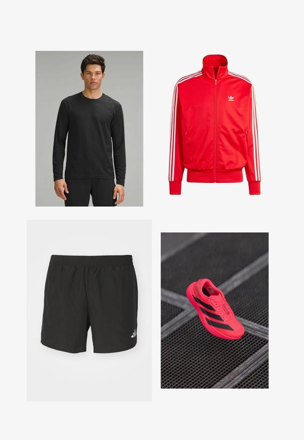 Punane Adidas tõmblukkidega jakk kõrge kraega, valged õlavarre triibud, kaks küljetaskut ja väike valge logo vasakul rindkerel. Sile tekstuur.; Must mustariga pikkade varrukatega särk, millel on tekstuuriga muster, ümar kaelus ja raglansleeved, kantud mustade treeningpõhjadega.; Mustad mustus treeningpükstest elastse vöökoha, külgrihmade ja peegeldavate logo elementidega. Valmistatud kergest ja siledast kangast.; Kerp hele roosa jooksujalats mustade triipudega, valmistatud kerge võrgumaterjali, millel on tekstuuriga talla ja nööriga sulgemine.