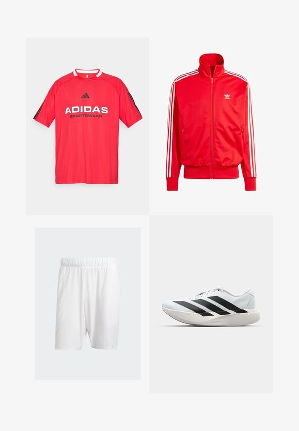 Casaco de zip-up vermelho da Adidas com gola alta, riscas brancas nos ombros, dois bolsos laterais e um pequeno logo branco no lado esquerdo do peito. Textura suave.; Camisola desportiva da Adidas em vermelho com logótipo e texto pretos, mangas curtas, decote redondo, apresentando riscas pretas nas laterais, feita de tecido respirável.; Calções de desporto brancos feitos de um tecido leve, com uma cintura elástica, textura suave e corte até ao joelho.; Tênis de corrida leves em azul pálido com riscas pretas. Apresentam um cabedal liso, bico redondo e uma entressola espessa branca rotulada como "LIGHTSTRIKE PRO."