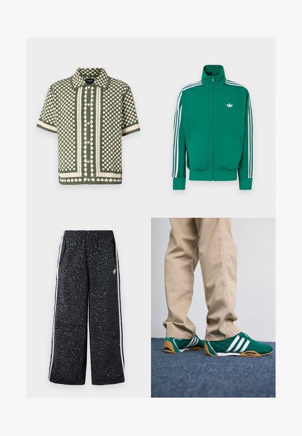 Green zip-up jacket with high collar, white accent stripes along sleeves, and small white logo on the chest. Smooth texture, athletic design.; Short-sleeve, green knit shirt featuring a cream polka dot and floral pattern, complete with a buttoned front and classic collar.; adidas Originals GRAPHIC UNISEX - Tracksuit bottoms - black; Green quilted sneakers with white stripes and brown rubber soles, paired with beige pants. The design features a low profile and textured material.