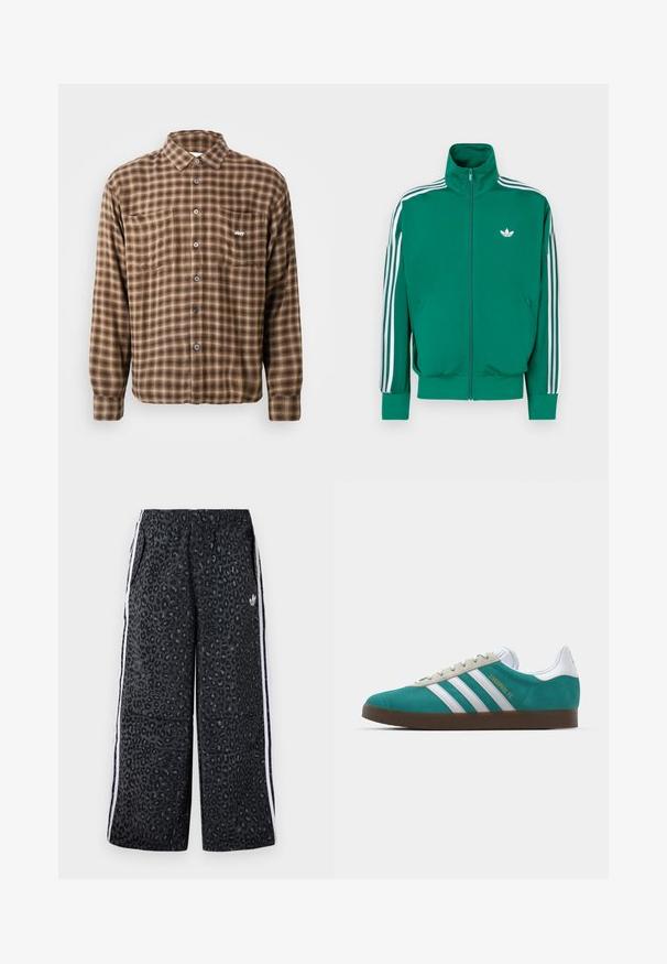 Zaļš jaka ar rāvējslēdzēju, augstu apkakli, baltām akcentu svītrām gar piedurknēm un mazu baltu logotipu uz krūtīm. Gluda tekstūra, sportisks dizains.; Brūns raibs krekls, izgatavots no maigas auduma, ar pogu aizdari, diviem krūšu kabatām un izšūtu logo uz kreisās kabatas.; adidas Originals GRAPHIC UNISEX - Treniņtērpa apakšdaļas - black; adidas Originals ADIDAS GAZELLE SHOES - Futbola apavi iekštelpām - liverpool fc/sea green/footwear white