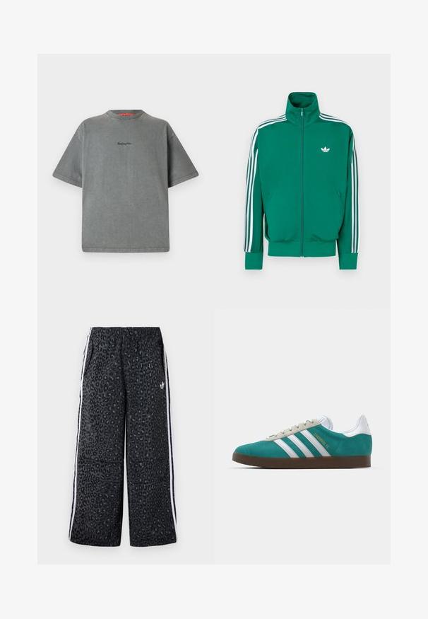 Casaco verde com fecho éclair, gola alta, faixas brancas decorativas ao longo das mangas e pequeno logótipo branco no peito. Textura lisa, design desportivo.; Replay Inc. T-shirt básica - stoned grey; adidas Originals GRAPHIC UNISEX - Calças de fato de treino - black; adidas Originals ADIDAS GAZELLE SHOES - Botas de futebol de salão - liverpool fc/sea green/footwear white