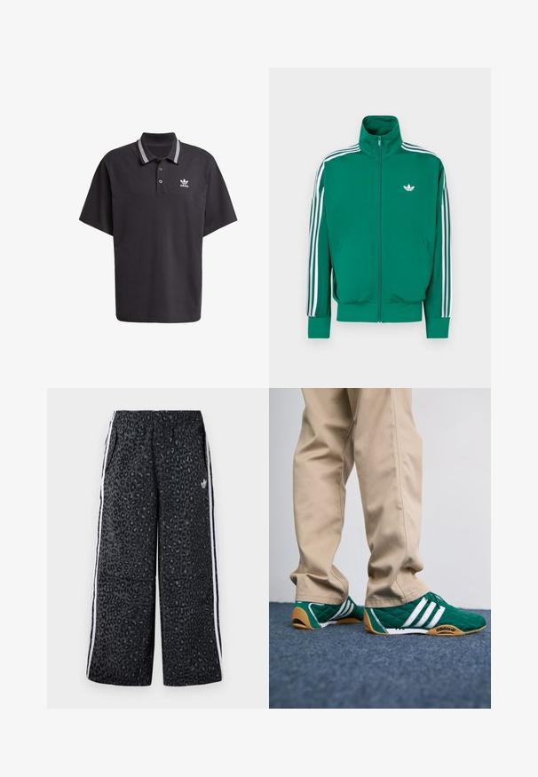 Casaco verde com fecho éclair, gola alta, faixas brancas decorativas ao longo das mangas e pequeno logótipo branco no peito. Textura lisa, design desportivo.; Pólo preto feito de algodão, com mangas curtas, colarinho clássico com riscas brancas e um pequeno logotipo Adidas branco no peito.; adidas Originals GRAPHIC UNISEX - Calças de fato de treino - black; Ténis verde acolchoados com riscas brancas e solas de borracha castanha, combinados com calças beige. O design apresenta um perfil baixo e material texturizado.