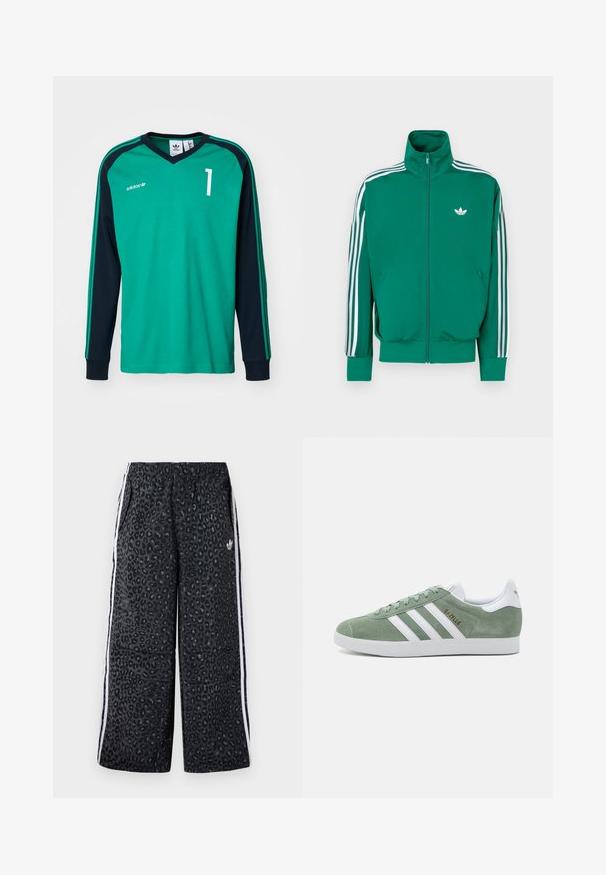 Žalia su užtrauktuku striukė su aukštu apykakle, baltos akcentinės juostos per rankoves ir maža balta logotipas ant krūtinės. Lygus paviršius, sportiškas dizainas.; Žalias ir tamsiai mėlynas ilgų rankovių džersis su V formos iškirpte, turi baltą skaičių „1“ ir tris juosteles ant rankovių. Pagamintas iš minkštos medžiagos.; adidas Originals GRAPHIC UNISEX - Treningo apatinė dalis - black; Žalios zomšinės sportinės bateliai su baltais odiniais akcentais, turintys tris baltas juostas, apvalų pirštą ir tekstūruotą gumos padas. Auksinės ženklų detalės.