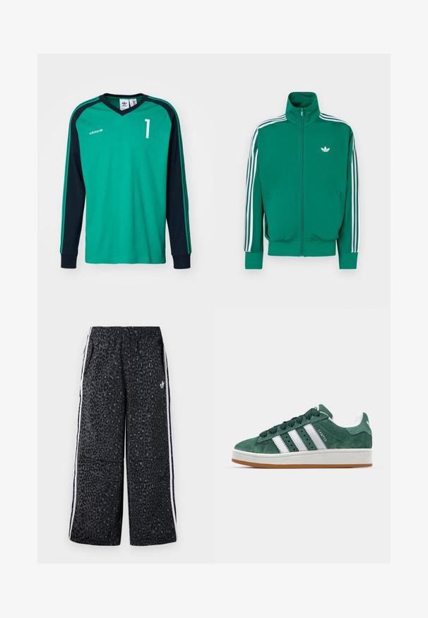 Žalia su užtrauktuku striukė su aukštu apykakle, baltos akcentinės juostos per rankoves ir maža balta logotipas ant krūtinės. Lygus paviršius, sportiškas dizainas.; Žalias ir tamsiai mėlynas ilgų rankovių džersis su V formos iškirpte, turi baltą skaičių „1“ ir tris juosteles ant rankovių. Pagamintas iš minkštos medžiagos.; adidas Originals GRAPHIC UNISEX - Treningo apatinė dalis - black; Žalios zomšinės sportinės bateliai su baltomis odinėmis juostelėmis, guminėmis padangomis, paminkštintu kraštu ir minimalistiniu dizainu. Ant šono yra ženklas.
