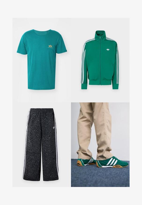 Zeleno jakno z zadrgo in visokim ovratnikom, z belimi poudarki vzdolž rokavov ter majhnim belim logotipom na prsih. Gladek teksturni material, športni dizajn.; Alpha Industries SMALL LOGO - Potiskana majica - force green; adidas Originals GRAPHIC UNISEX - Spodnji deli trenirk - black; Zelene prešite teniske z belimi črtami in rjavimi gumijastimi podplati, v kombinaciji z bež hlačami. Oblikovanje vključuje nizek profil in strukturiran material.