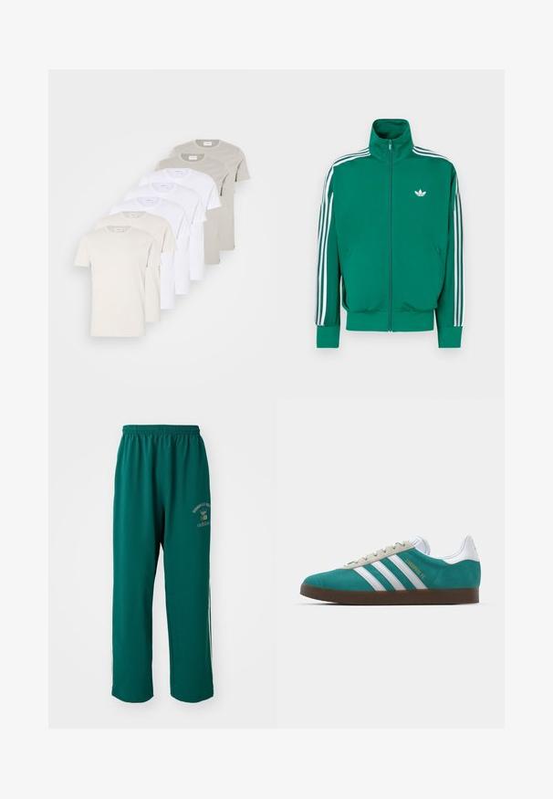Casaco verde com fecho éclair, gola alta, faixas brancas decorativas ao longo das mangas e pequeno logótipo branco no peito. Textura lisa, design desportivo.; Conjunto de seis t-shirts de algodão em branco, bege e cinza claro. Gola redonda clássica, mangas curtas, ajuste ligeiramente descontraído, etiqueta na gola.; Calças de desporto verdes feitas de tecido suave, com cintura elástica, impressão de logotipo de um lado e riscas brancas nas laterais. Corte regular.; adidas Originals ADIDAS GAZELLE SHOES - Botas de futebol de salão - liverpool fc/sea green/footwear white