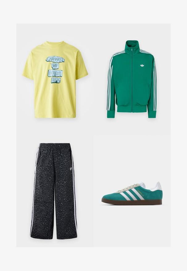 Πράσινο μπουφάν με φερμουάρ και ψηλό γιακά, λευκές λωρίδες ως διακριτικά στα μανίκια και μικρό λευκό λογότυπο στο στήθος. Ομαλή υφή, αθλητικός σχεδιασμός.; Κίτρινο βαμβακερό μπλουζάκι με μπλε γραφικό σχέδιο που περιλαμβάνει το κείμενο "CARHARTT WIP DETROIT U.S.A." σε έντονη, φθαρμένη γραμματοσειρά. Στρογγυλή λαιμόκοψη, κοντά μανίκια.; adidas Originals GRAPHIC UNISEX - Παντελόνι φόρμας - black; adidas Originals ADIDAS GAZELLE SHOES - Μπότες ποδοσφαίρου εσωτερικού χώρου - liverpool fc/sea green/footwear white