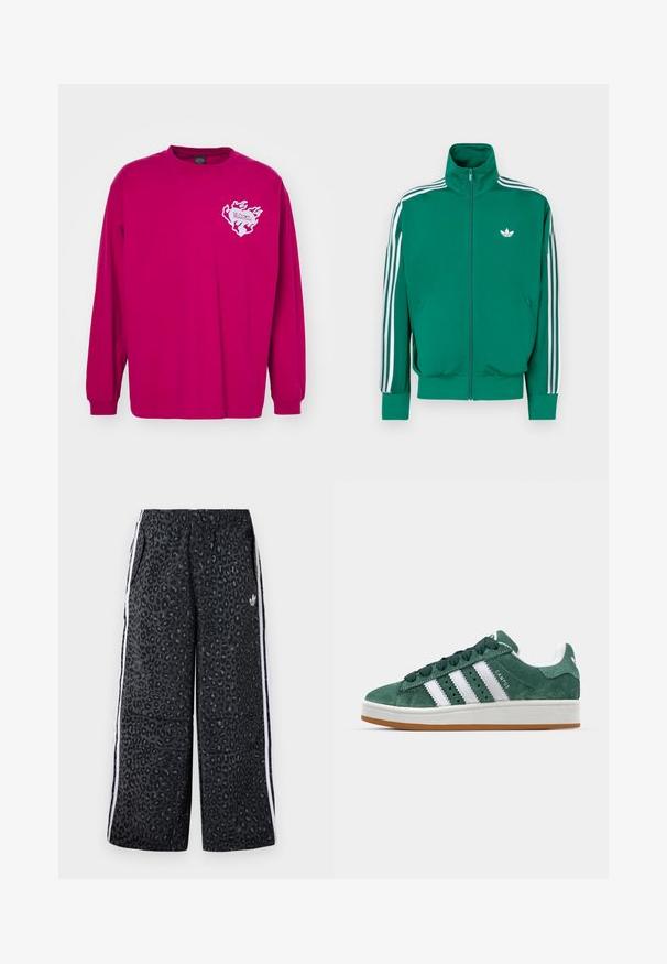 Green zip-up jacket with high collar, white accent stripes along sleeves, and small white logo on the chest. Smooth texture, athletic design.; Long-sleeve shirt in bright pink cotton. Features a white flame design with text on the left chest. Ribbed cuffs, crew neckline.; adidas Originals GRAPHIC UNISEX - Tracksuit bottoms - black; Green suede sneaker with white leather stripes, rubber sole, padded collar, and minimalistic design. Features branding on the side.