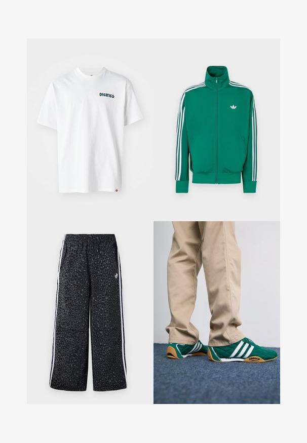 Zelená bunda na zip s vysokým límcem, bílými proužky podél rukávů a malým bílým logem na hrudi. Hladký materiál, sportovní design.; Bílý bavlněný tričko s krátkým rukávem, s zeleným textem "DICKIES" na přední straně. Rovný střih a malá logo nášivka na lemu.; adidas Originals GRAPHIC UNISEX - Teplákové kalhoty - black; Zelené prošívané tenisky s bílými pruhy a hnědými gumovými podrážkami, doplněné béžovými kalhotami. Design se vyznačuje nízkým profilem a texturovaným materiálem.