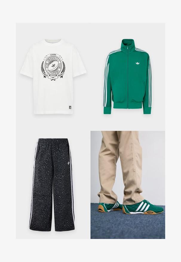 Zeleno jakno z zadrgo in visokim ovratnikom, z belimi poudarki vzdolž rokavov ter majhnim belim logotipom na prsih. Gladek teksturni material, športni dizajn.; Bela bombažna majica s krožnim izrezom in kratkimi rokavi. Vsebuje črn grafični dizajn, ki vključuje ragbi žogo in besedilo.; adidas Originals GRAPHIC UNISEX - Spodnji deli trenirk - black; Zelene prešite teniske z belimi črtami in rjavimi gumijastimi podplati, v kombinaciji z bež hlačami. Oblikovanje vključuje nizek profil in strukturiran material.