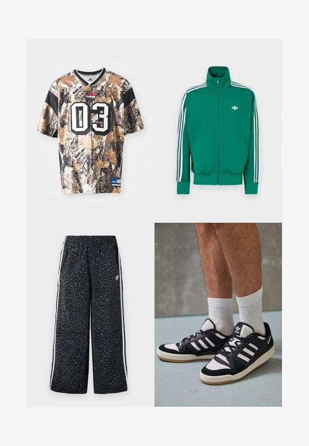 Casaco verde com fecho éclair, gola alta, faixas brancas decorativas ao longo das mangas e pequeno logótipo branco no peito. Textura lisa, design desportivo.; Camiseta de manga curta com padrão de camuflagem em tons de bege, castanho e preto, com decote redondo, textura pesada e grande número impresso "03".; adidas Originals GRAPHIC UNISEX - Calças de fato de treino - black; Ténis em preto e branco com upper em camurça e couro, apresentando três riscas brancas, um toe perfurado e uma sola em borracha de goma.
