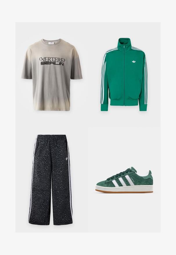 Zelená bunda na zips s vysokým golierom, bielymi prúžkami pozdĺž rukávov a malým bielym logom na hrudi. Hladká textúra, športový dizajn.; Šedý gradient tričko s krátkymi rukávmi, s čiernym potlačou "VERTERE BERLIN" v štýlovom písme, mäkká textúra a uvoľnený strih.; adidas Originals GRAPHIC UNISEX - Tepláky - black; Zelené semišové tenisky s bielymi koženými pruhmi, gumovou podrážkou, polstrovaným golierom a minimalistickým dizajnom. Obsahujú branding na boku.