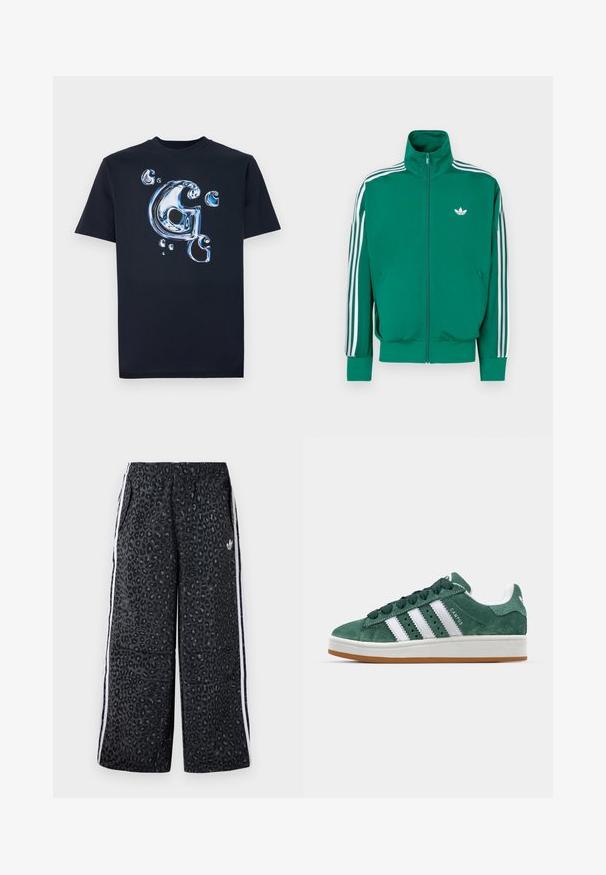 Casaco verde com fecho éclair, gola alta, faixas brancas decorativas ao longo das mangas e pequeno logótipo branco no peito. Textura lisa, design desportivo.; T-shirt preto de algodão com uma letra "G" em estilo metálico brilhante e bolhas em tons de azul. Manga curta com um corte clássico.; adidas Originals GRAPHIC UNISEX - Calças de fato de treino - black; Tênis de camurça verde com riscas de couro branco, sola de borracha, colarinho acolchoado e design minimalista. Apresenta uma marcação na lateral.