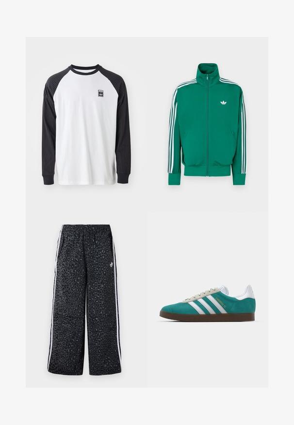 Casaco verde com fecho éclair, gola alta, faixas brancas decorativas ao longo das mangas e pequeno logótipo branco no peito. Textura lisa, design desportivo.; Camisa de manga longa com corpo branco e mangas raglan listradas em preto. Apresenta um patch de logotipo preto no peito e punhos pretos sólidos.; adidas Originals GRAPHIC UNISEX - Calças de fato de treino - black; adidas Originals ADIDAS GAZELLE SHOES - Botas de futebol de salão - liverpool fc/sea green/footwear white
