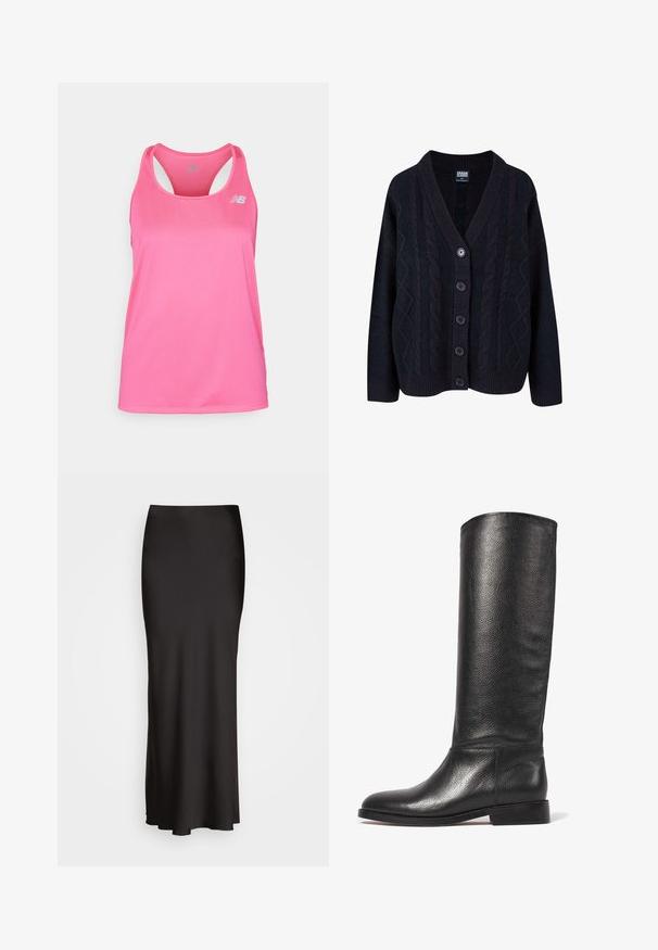 Juodas megztinis su apykakle V formos, su užsegimu priekyje, kuris turi penkis mygtukus, ir raukšlėmis rankogaliuose. Minkšta tekstūra ir laisvos formos dizainas.; New Balance SPORT ESSENTIALS TANK - Viršus - pink; Juodas, grindų ilgio satino sijonas su lygiu paviršiumi, prigludusia juosmens juosta ir A formos siluetu, neturintis matomų dekoracijų ar raštų.; Kelio ilgumo juodos odos batai su tekstūruota danga, apvalia nosimi, lygiu auliuku ir žemu stambiu kulnu. Minimalistinis dizainas, jokių matomų detalių.