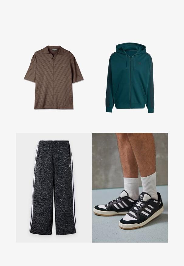 Hoodie azul-teal com fecho éclair, feito de material macio, apresentando um bolso canguru, capuz com cordão e riscas laterais vermelhas escuras com logótipo no peito.; Camisa polo curta castanha com decote em V, apresentando um padrão texturizado em zigzag e um detalhe de logótipo subtil no peito.; adidas Originals GRAPHIC UNISEX - Calças de fato de treino - black; Ténis em preto e branco com upper em camurça e couro, apresentando três riscas brancas, um toe perfurado e uma sola em borracha de goma.