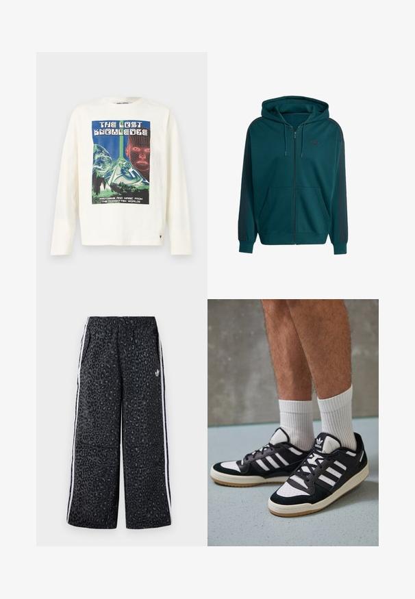 Tyrkysová mikina na zip vyrobená z měkkého materiálu, obsahující klokaní kapsu, kapuci na šňůrku a tmavě červené boční pruhy s logem na hrudi.; Krémové tričko s dlouhým rukávem, které má barevný grafický potisk s názvem "Ztracená znalost", zobrazující pyramidu a digitální prvky obličeje.; adidas Originals GRAPHIC UNISEX - Teplákové kalhoty - black; Černobílé tenisky s vrchní částí z semišové a kožené kůže, včetně tří bílých pruhů, perforovaného špičky a podrážky z gumy.