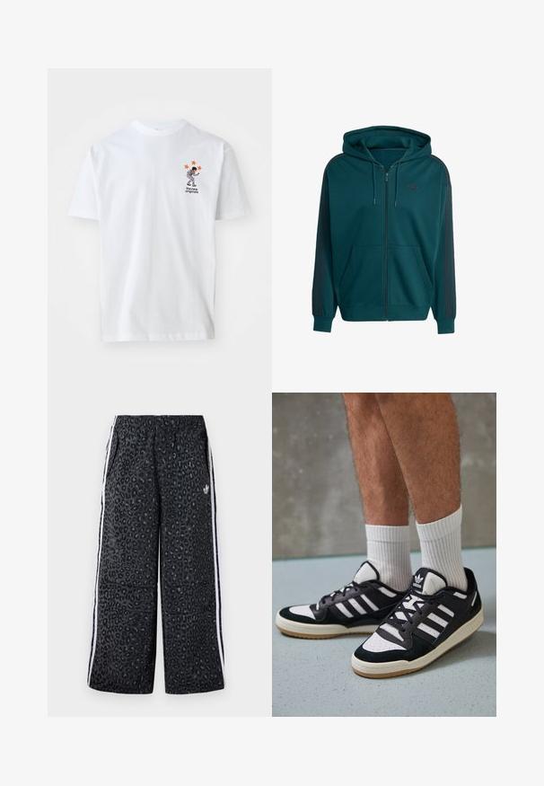 Sinine kapuutsiga jakk, mis on valmistatud pehmest materjalist, sisaldab kängurupüksi, kinnitatavat kapuutsi ja tumepunaseid küljeribalisi koos logo rinnaosa peal.; Valge puuvillane T-särk, millel on väike, värvikas kujutis figuurist, mille kohal on viis oranži tähte ja tekst "the new originals". Lühikesed varrukad.; adidas Originals GRAPHIC UNISEX - Dresside alumine osa - black; Mustvalged ja valged spordijalatsid, mille pealmine osa on valmistatud suede'ist ja nahast. Kingadel on kolm valget riba, auguline varvas ja kummist tald.