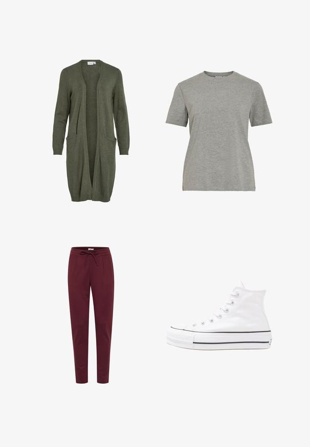 Długi, otwarty kardigan w oliwkowym kolorze, wykonany z miękkiej dzianiny. Posiada dwie przednie kieszenie i prążkowane mankiety.; Szara bawełniana koszulka z klasycznym okrągłym dekoltem, krótkimi rękawami i gładką fakturą, odpowiednia do codziennego noszenia.; Burgundowe spodnie wykonane z miękkiego, elastycznego materiału, z wyciągniętym paskiem w talii, przednimi zaszewkami i zwężanymi nogawkami. Gładka struktura na całej powierzchni.; Białe wysokie trampki z płótna z czarną gumową podeszwą, przednim czubkiem z gumy i sześcioma dziurkami na sznurowadła, charakteryzujące się prostym, minimalistycznym designem.