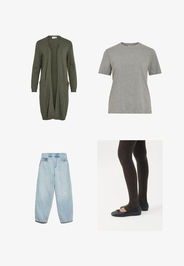 Dolga cardigan odprtega sprednjega dela v olivno zeleni barvi, izdelan iz mehkega pletenega materiala. Ima dva sprednja žepa in rebraste manšete.; Siva bombažna majica z okrolim izrezom, kratkimi rokavi in gladko teksturo, primerna za vsakodnevno nošenje.; Svetlo modri džins hlače z udobnim krojem, visoko pasom in širokimi nogami, z rahlo bledim videzom in klasičnim pet-imenskim dizajnom.; Črne ravne čevlje z majhnim lokom na prstih, v kombinaciji s temno rjavimi rebrastimi nogavicami. Čevlji imajo gladko teksturo in nizko obliko.