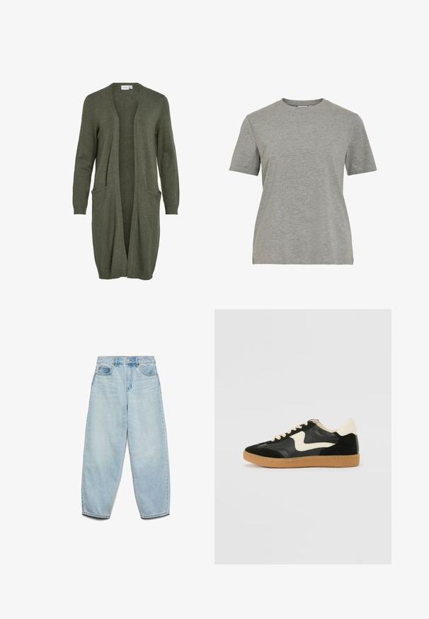 Dugi kardigan otvorenog prednjeg dijela u maslinasto zelenoj boji, izrađen od meke pletenine. Ima dva prednja džepa i rebraste manžete.; Siva pamučna majica s klasičnim okruglim izrezom, kratkim rukavima i glatkom teksturom, pogodna za svakodnevno nošenje.; Svijetloplave traperice s opuštenim krojem, visokim strukom i širokim nogavicama, blago izblijedjele teksture i klasičnim dizajnom s pet džepova.; Crna nubuk i kožna tenisica s kremastim bočnim swooshom i svijetlom kremastom petom. Sadrži bež vezice i gumu na potplatu.