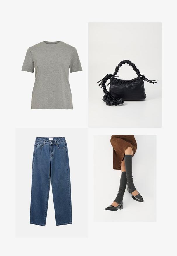 Lång öppen cardigan i olivgrön, tillverkad av mjuk stickad tyg. Har två framfickor och ribbade manschetter.; Grå bomullst-shirt med klassisk rund hals, korta ärmar och slät textur, lämplig för vardagsbruk.; Klassiska blå denimjeans med rak benform, fem fickor och knäppning. Har en medelblå tvättning och stadig textur.; Svarta lackläderskor med spetsig tå, blockklack och ankelrem, i kombination med grå ribbade benvärmare och en brun mockakjol.; Svart faux läderhandväska med krokodiltextur, snodd topp och en skrämd rem. Ser mjuk och kompakt ut i designen.