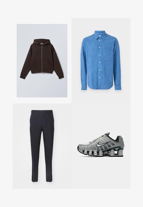 Brown zip-up hoodie made of soft cotton blend fabric, featuring a spacious hood, front pockets, and ribbed cuffs and hem.; Blue long-sleeve shirt with horizontal stripes. Features a buttoned front, collar, and chest pocket. Made from a textured fabric.; Navy trousers made from a lightweight fabric, featuring a straight cut, flat front, belt loops, and two side pockets. Smooth texture.; Grey and black Nike running shoe with visible spring-like cushioning under the sole and a white swoosh logo on the side.