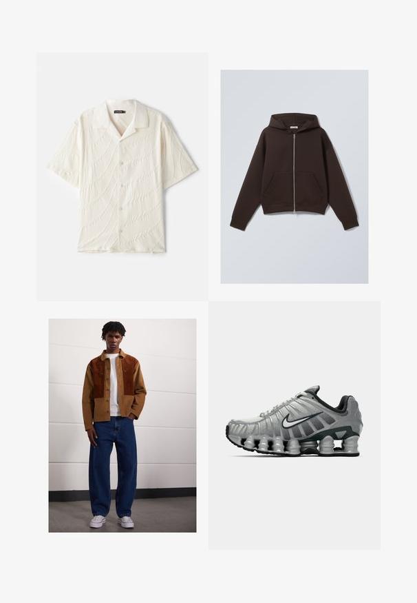 Brązowa bluza z kapturem na zamek, wykonana z miękkiej mieszanki bawełny, z pojemnym kapturem, przednimi kieszeniami oraz prążkowanymi mankietami i dołem.; Koszula krótki rękaw, zapinana na guziki, w kolorze ecru, z tkaniny o fakturze z falistymi wzorami oraz klasycznym kołnierzykiem.; Mężczyzna stojący w pomieszczeniu, ubrany w brązową kurtkę z sztruksu z rdzawej kolorze, białą koszulkę, luźne niebieskie dżinsy oraz białe trampki.; Szare i czarne buty biegowe Nike z widocznym, sprężystym tłumieniem pod podeszwą oraz białym logo swoosh po boku.