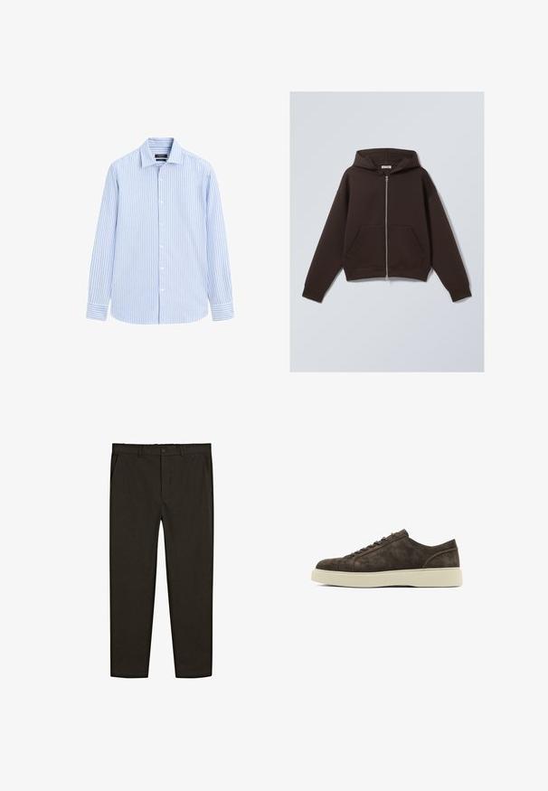 Braune Zip-Hoodie aus weichem Baumwollmischgewebe, mit geräumiger Kapuze, vorderen Taschen und gerippten Bündchen und Saum.; Hellesblau-weiß gestreiftes Langarmhemd, mit Knopfleiste, Kragen und Manschettendetails, aus glattem Stoff in normaler Passform.; Dunkelbraune, gewebte Stoffhose mit geradem Bein, vorderen Taschen und einem Knopfverschluss an der Taille. Glatte Textur.; Braune Wildledersneaker mit glatter Textur, runder Zehenpartie, flacher Gummisohle und einfachem Schnürdesign. Dezente Nähte seitlich.