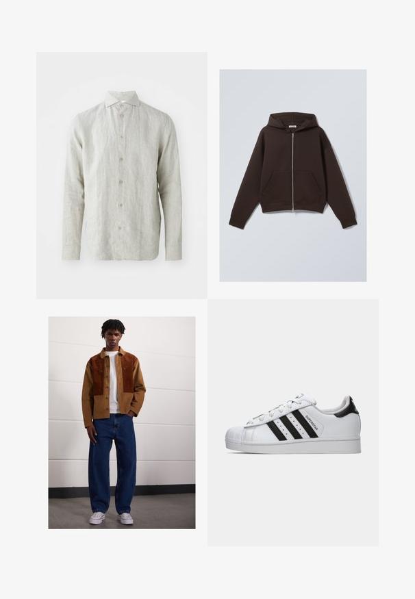 Rjava zip-up kapuca, izdelana iz mehkega bombažnega blaga, z obsežno kapuco, sprednjimi žepi ter rebrastimi manšeti in spodnjim robom.; Svetlo siva lanena srajca z gumbnim zapiranjem spredaj, klasičnim ovratnikom in dolgimi rokavi. Ima subtilno teksturo in pet rjavih gumbov.; Moški stoji v notranjosti, oblečen v rjav žametni jopič z rjavimi madeži, bel t-shirt, ohlapne modre kavbojke in bele superge.; Belo Adidas Superstar čevljek z črnimi črtami, zaščitnim konicami in napisom "Superstar" na strani, prikazan v levem profilu na belem ozadju.
