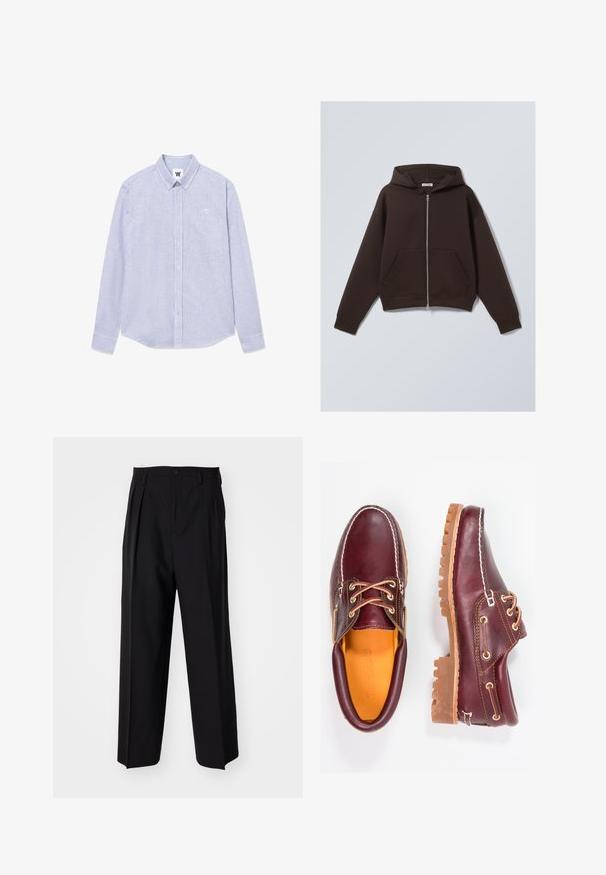 Hanorac zip-up maro, fabricat dintr-un amestec moale de bumbac, cu o glugă spațioasă, buzunare frontale și manșete și tiv din tricot.; Cămașă cu dungi albastre și albe, cu mâneci lungi, guler cu nasturi, buzunar pe piept și detaliu logo pe partea stângă. Fabricat din bumbac.; Pantaloni negri plisat cu un design drept și pantaloni largi. Construiți dintr-un material neted, prevăzuți cu închidere cu nasture și bucle pentru curea.; Pantofi din piele burgundă cu talpă din cauciuc brun, vârf rotund, cusături albe și gauri aurii pentru șireturi. Interiorul are un căptușeală galbenă.