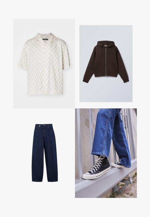 Hnedá mikina na zips z mäkkej bavlnenej zmesi, s priestrannou kapucňou, prednými vreckami a rebrom na rukávoch a spodnom leme.; Košeľa s krátkym rukávom s krémovým a béžovým geometrickým vzorom, ľahká tkanina, výstrih s notčou a päť gombíkov na prednej strane.; Voľné tmavomodré denimové nohavice s vysokým pásom, prednými vreckami a rovnou nohavicou. Obsahujú strieborné kovanie a minimálne švy.; Čierne vysoké tenisky s bielou podrážkou a šnúrkami, kombinované so voľnými modrými riflami, položené na sivej zábradlí.