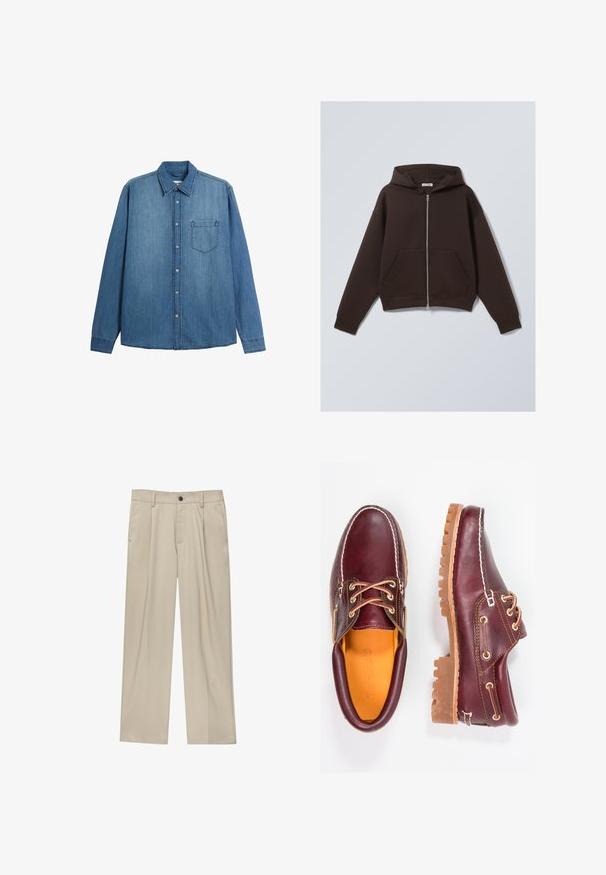 Ruskea vetoketjuhuppari, joka on valmistettu pehmeästä puuvillasekoitekankaasta. Hupparissa on tilava huppu, etutaskut sekä ribattu hiha- ja helmaosa.; Vaaleansininen farkkupaita pitkällä hihalla, nappikiinnitys, kaulus ja yksi rintatasku. Ominaisuuksiin kuuluu sileä pinta ja suora leikkaus.; Valkoinen puuvillainen hihaton paita, jossa on pyöreä kaula-aukko, leveät olkaimet ja suora helma. Paidan tekstuuri on sileä, eikä siinä ole näkyviä kuvioita.; Beige-housut suoran leikkauksen omaavina, joissa on yksi musta nappi, vyölenkit ja sivutaskut. Sileä kangas ja minimalisti muotoilu.; Burgundin nahkakengät ruskeilla kumipohjilla, pyöreällä kärjellä, valkoisella ompelulla ja kultaisilla nauha-aukkoilla. Sisäpuolella on keltainen vuori.