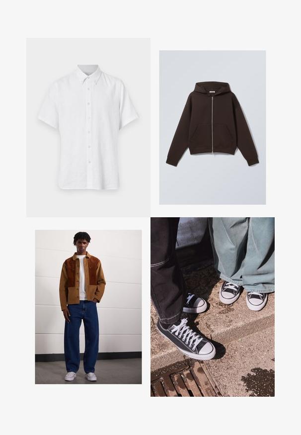 Sudadera con cremallera marrón, confeccionada en una suave mezcla de algodón, que cuenta con una capucha amplia, bolsillos frontales y puños y dobladillo acanalados.; Camisa blanca de manga corta en un material ligero de lino. Presenta un cuello puntiagudo y siete botones en la parte delantera. Diseño simple, sin patrones visibles.; Sudadera de cuello redondo de manga larga en color gris oscuro, hecha de una suave mezcla de algodón. Presenta puños y cuello acanalados con un acabado liso y ligeramente texturizado.; Hombre de pie en interiores, vistiendo una chaqueta de pana marrón con parches de óxido, camiseta blanca, jeans azules holgados y zapatillas blancas.; Zapatillas bajas de lona negras con punteras y cordones de goma blanca, combinadas con pantalones de mezclilla verde anchos, sobre una superficie de piedra texturizada.