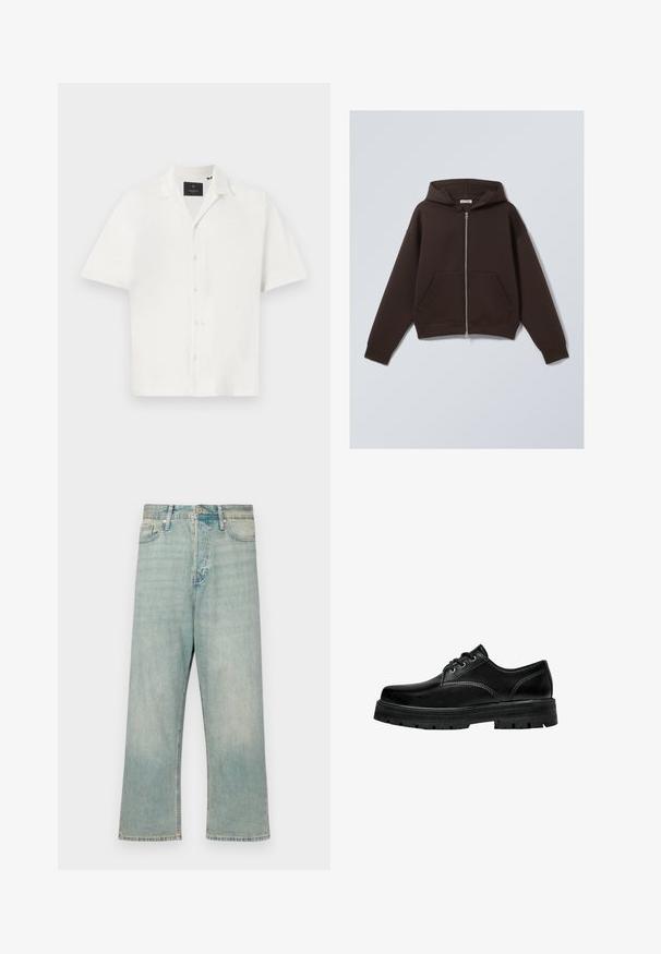 Rjava zip-up kapuca, izdelana iz mehkega bombažnega blaga, z obsežno kapuco, sprednjimi žepi ter rebrastimi manšeti in spodnjim robom.; Bela kratka majica iz tekste s teksturo, s ovratnikom in zapiranjem na štiri gumbe spredaj. Minimalističen dizajn brez dodatnih vzorcev.; Svetlo modri kavbojki s sproščenim krojem, ravnimi hlačnicami in izbledelim videzom; vključujejo klasično zapiranje na gumb in zadrgo.; Črne usnjene vezalne čevlje z zaobljenim nosom, teksturirano površino in debelim gumijastim podplatom z globokimi utori za oprijem.