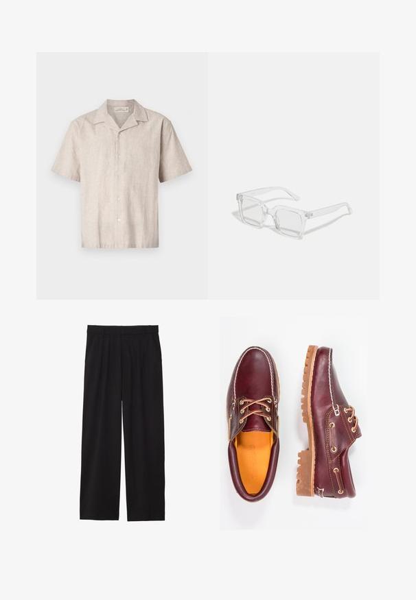 Brūns zip-up jaku izgatavots no mīksta kokvilnas maisījuma auduma, ar plašu kapuci, priekšējām kabatām un ribotām piedurknēm un apakšmalu.; Īsu piedurkņu pogājama krekls gaisā bežā līnijas audumā. Tam ir griezts apkakli un sešas pogas priekšā, ar teksturētu, viegli audumu izskatu.; Balts kokvilnas T-krekls ar apaļu kakla izgriezumu, īsām piedurknēm un brīvu piegriezumu. Tam ir vienkāršs dizains bez rakstiem vai akcentiem.; Melni platbagāžnieki ar plecu priekšpusi, sānu kabatām un gludu auduma tekstūru. Izstrādāti brīvai piegulšanai.; Burgundijas krāsas ādas apavi ar brūniem gumijas zole, apaļiem purngalu, baltu šuvumu un zelta caurumiem. Iekšpusei ir dzeltena oderējums.; Caurspīdīgas taisnstūrveida saulesbrilles ar biezām plastmasas rāmja, ar nedaudz krāsotiem objektīviem un bez papildu rakstiem vai akcentiem.