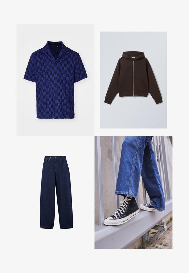 Sudadera con cremallera marrón, confeccionada en una suave mezcla de algodón, que cuenta con una capucha amplia, bolsillos frontales y puños y dobladillo acanalados.; J.LINDEBERG TORPA RESORT - Camisa - bridge stack blue; Vaqueros de mezclilla oscuros de corte holgado con cintura alta, bolsillos delanteros y diseño de pierna recta. Incluye herrajes en tono plateado y costuras mínimas.; Zapatillas de deporte negras de caña alta con suela y cordones blancos, combinadas con unos vaqueros de denim azul holgados, apoyadas en una barandilla gris.