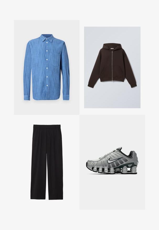 Braune Zip-Hoodie aus weichem Baumwollmischgewebe, mit geräumiger Kapuze, vorderen Taschen und gerippten Bündchen und Saum.; Blaues Langarmhemd mit Knopfleiste, vertikalen schwarzen Streifen und einer Brusttasche, auf weißem Hintergrund dargestellt.; Weiße Baumwoll-T-Shirt mit kurzen Ärmeln, rundem Ausschnitt, lockerer Passform und ohne sichtbare Logos oder Muster. Glatte Textur und minimalistisches Design.; Schwarze, weite Hose mit gefälteltem Vorderteil, seitlichen Taschen und einer glatten Stoffstruktur. Entworfen für eine entspannte Passform.; Grauer und schwarzer Nike-Laufschuh mit sichtbarer federähnlicher Dämpfung unter der Sohle und einem weißen Swoosh-Logo an der Seite.