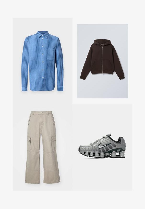 Pruun tõmbluku kapuutsiga sviiter, mis on valmistatud pehmest puuvillasegust kangast, omades avarat kapuutsi, esipokke ning soonikuvarruka- ja põhjakuminat.; Sinine pikkade varrukatega triiksärk, millel on vertikaalsed mustad triibud ja ees rinna tasku, kuvatud valgel taustal.; Valge puuvillane t-särk lühikeste varrukatega, ümmarguse kaelusega, lõdva lõikega ja ilma nähtavate logodeta või mustriteta. Sile tekstuur ja minimaalne disain.; Khaki värvitud kotipüksid, mis on valmistatud puuvillasegusest, laiad jalad, mitmed küljetaskud ja peened õmblusdetailid.; Hallikas ja must Nike jooksutoss, mille all on näha kevadelik ammortiseerimine ja külje peal on valge sarnase logo.