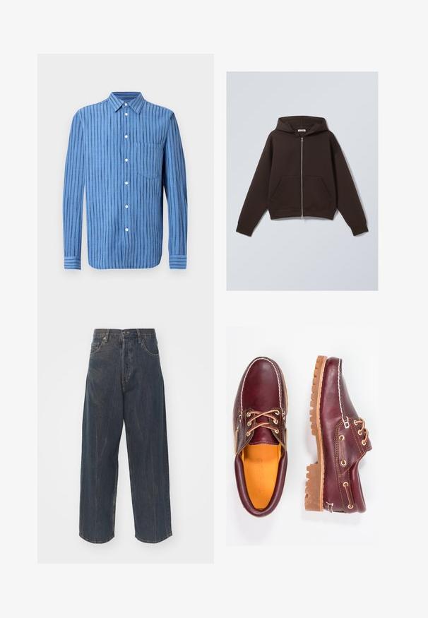 Bruine zip-up hoodie gemaakt van een zachte katoenmix, met een ruime capuchon, voorzakken en ribgebreide manchetten en zoom.; Blauw overhemd met lange mouwen en verticale zwarte strepen, voorzien van knopen en een borstzak aan de voorkant, getoond op een witte achtergrond.; Brede donkerblauwe denim jeans met subtiele verwering, vijf zakken en een klassieke knoop- en ritssluiting in de taille.; Bordeaux leren schoenen met bruine rubberen zolen, ronde neus, witte stiksels en gouden veterogen. Het interieur heeft een gele voering.
