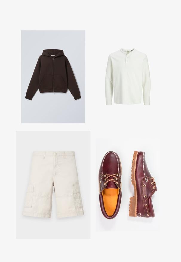 Felpa con zip marrone realizzata in morbido tessuto misto cotone, con un ampio cappuccio, tasche frontali e polsini e orlo a costine.; Camicia henley bianca a maniche lunghe con tre bottoni e scollatura rotonda, esposta su uno sfondo bianco semplice.; Pantaloni cargo beige realizzati in cotone leggero, con due tasche laterali, chiusura frontale con bottone e dettagli di cucitura.; Scarpe in pelle bordeaux con suole in gomma marrone, punta rotonda, cuciture bianche e occhielli dorati. L'interno presenta un rivestimento giallo.